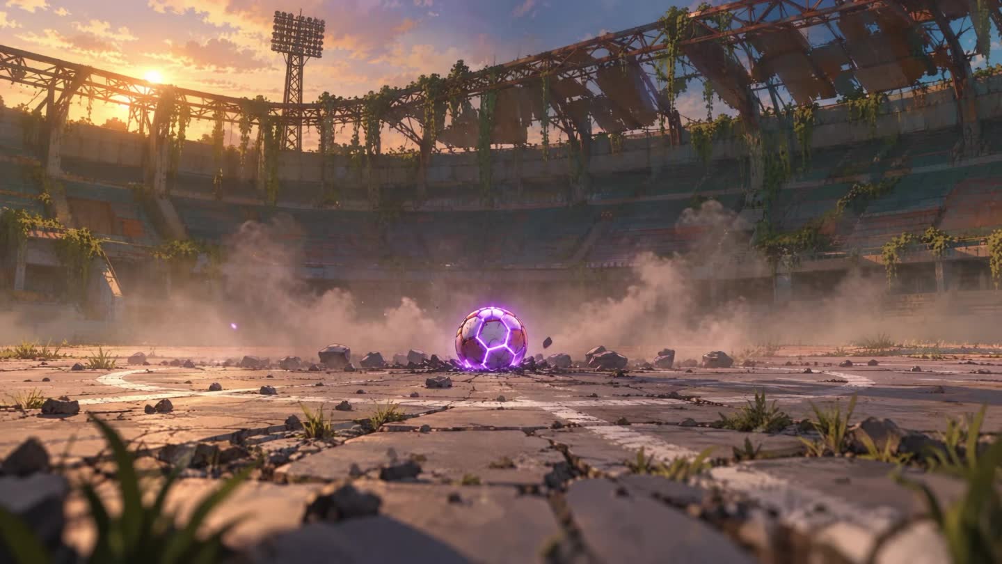 Bola carregada de energia roxa no meio de um estádio abandonado