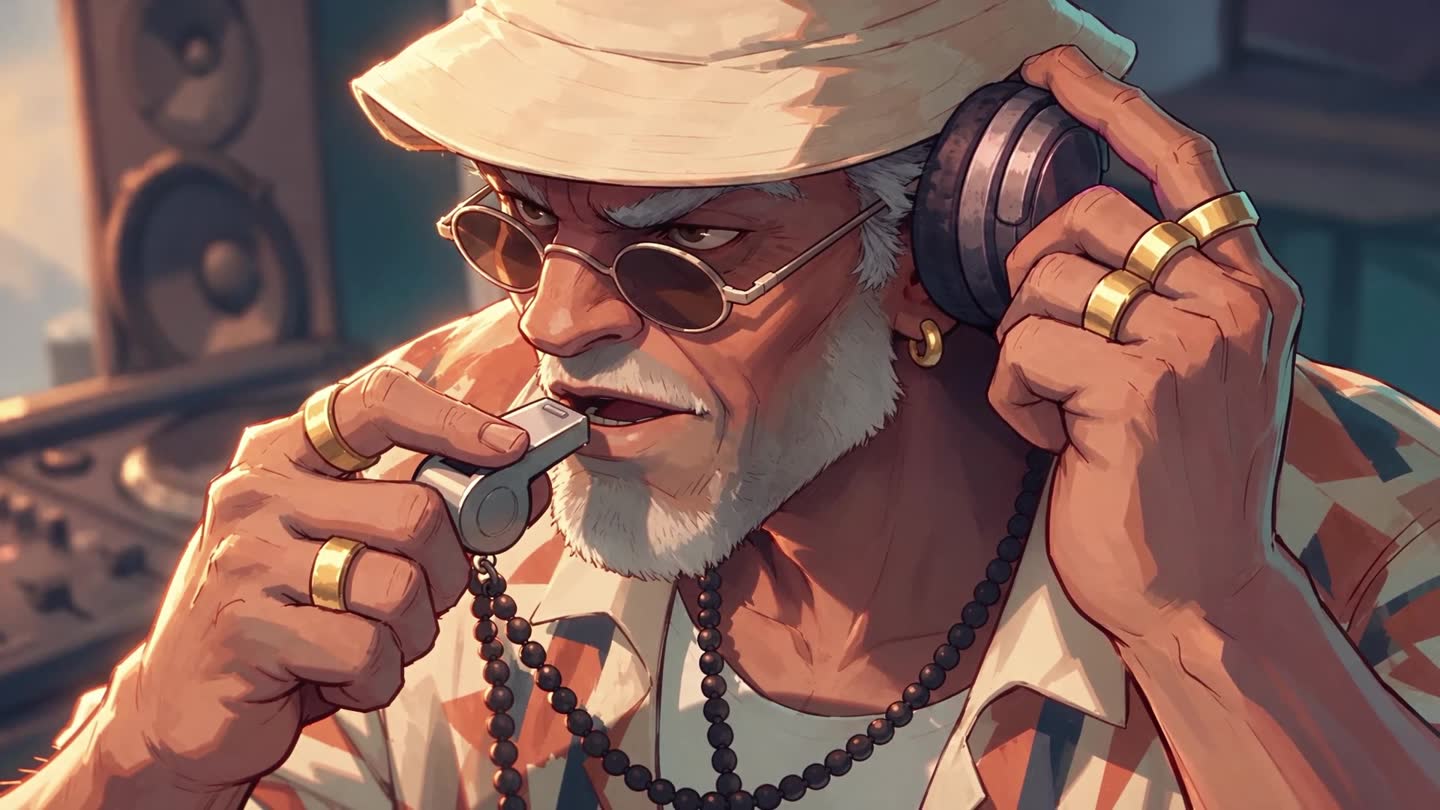 O DJ da arena com fones e apito