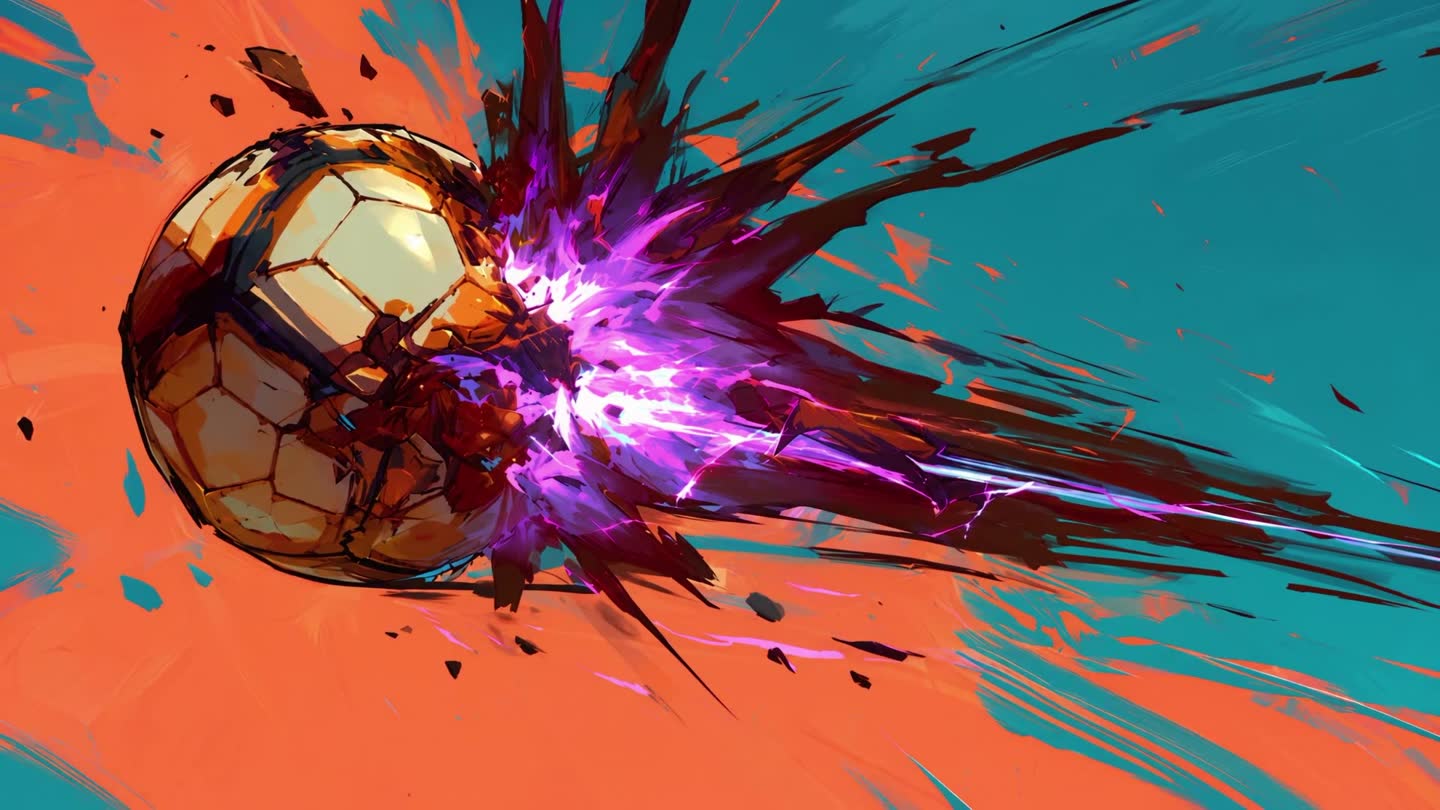 Impacto na bola em quadro de quadrinho, com rastro roxo